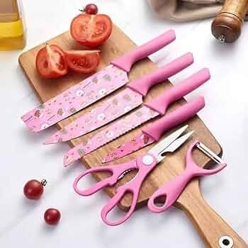 Kitchen Knife Set with Scissors and Peeler, Printed Blade Knives with Plastic Handles, 6 Piece Set