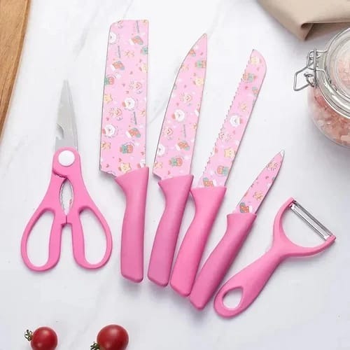 Kitchen Knife Set with Scissors and Peeler, Printed Blade Knives with Plastic Handles, 6 Piece Set