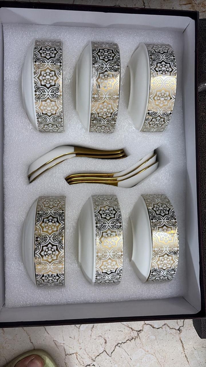Ceramic Soup Bowl with Spoon Set of 6 (400ml Each) - Floral Microwave & Dishwasher Safe Bowl Set for Serving Soup, Curry