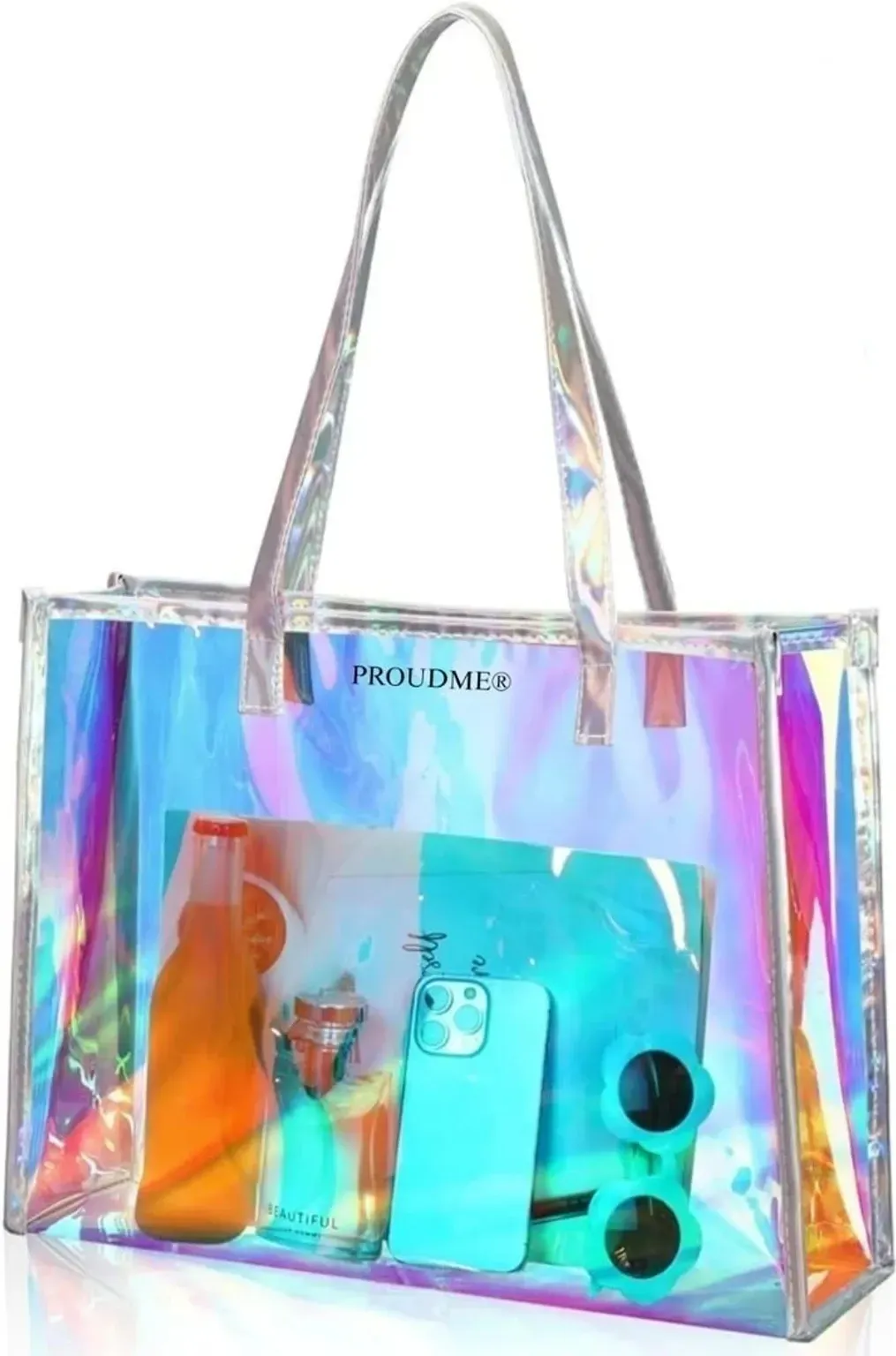 PROUDME Holographic Travel Tote Bag, Waterproof, Zipper Closure, Women's Shopping Handbag Organiser, Shoulder Bag, Women's Tote Bag, Color Changing Bag Purse For Girls