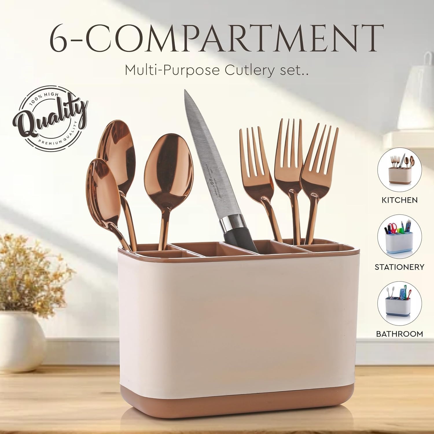 Cutlery Holder & Utensil Caddy – Rust-Proof Countertop Spoon Fork Knife Organizer with Drain Holes & Handle Medium Size