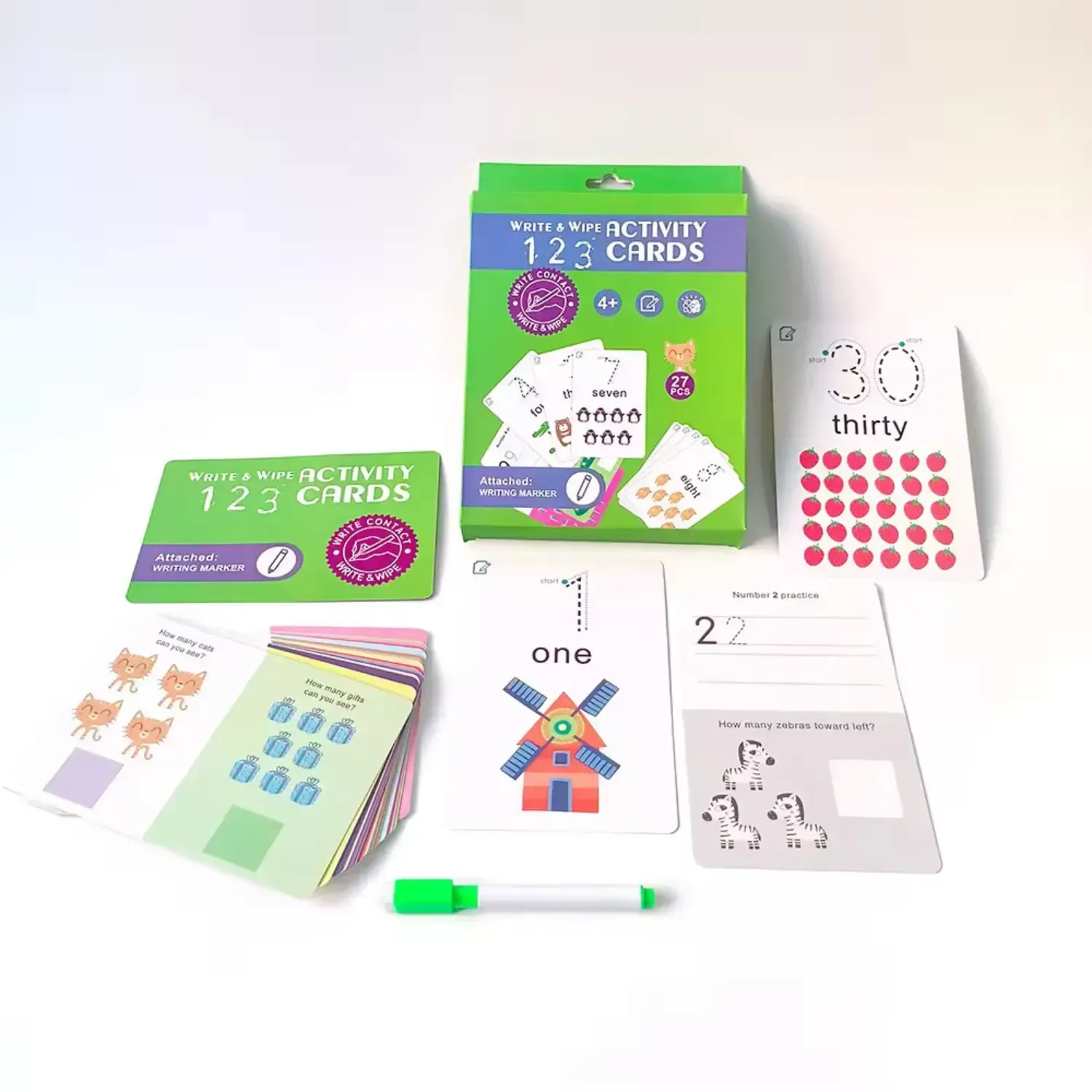 Write and Wipe Activity Cards | Fun Easy Educational Learning Cards for Kids Aged 4+, 26 Reusable Numbers Illustrated Cards With Marker